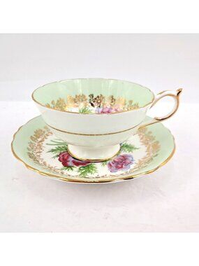 Paragon Mint Green Gold Filigree Teacup & Saucer Floral Iris Anemone Bone China